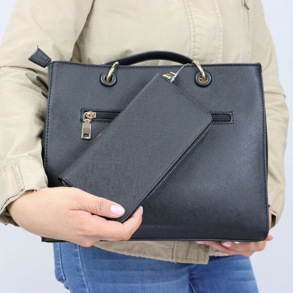 Black Faux Leather Purse and Wallet 2 in 1 Set Tote Cross Body Shoulder Bag - Picture 14 of 16